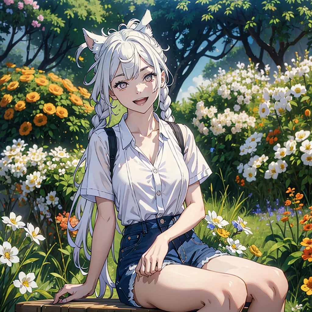 Girl with dog ears and tail, erect ears, honey yellow eyes, Highly detailed eyes, long hair and((((( White))))) with a small braid on the sides, denim shorts, translucent blouse, whole body, looking up, open mouth smile, big chest, beautiful body, detailed face y con amplia gama de gestos, sitting on a bench around a garden with flowers of various colors, detailed background, detailed face, Play of light and shadows, cinematographic, high quality, 8k, Masterpiece,