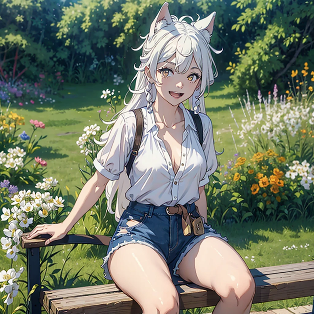Girl with dog ears and tail, erect ears, honey yellow eyes, Highly detailed eyes, long hair and((((( White))))) with a small braid on the sides, denim shorts, translucent blouse, whole body, looking up, open mouth smile, big chest, beautiful body, detailed face y con amplia gama de gestos, sitting on a bench around a garden with flowers of various colors, detailed background, detailed face, Play of light and shadows, cinematographic, high quality, 8k, Masterpiece, 