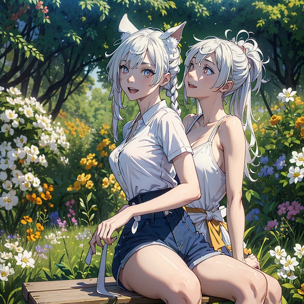 Girl with dog ears and tail, erect ears, honey yellow eyes, Highly detailed eyes, long hair and((((( White))))) with a small braid on the sides, denim shorts, translucent blouse, whole body, looking up, open mouth smile, big chest, beautiful body, detailed face y con amplia gama de gestos, sitting on a bench around a garden with flowers of various colors, detailed background, detailed face, Play of light and shadows, cinematographic, high quality, 8k, Masterpiece, 