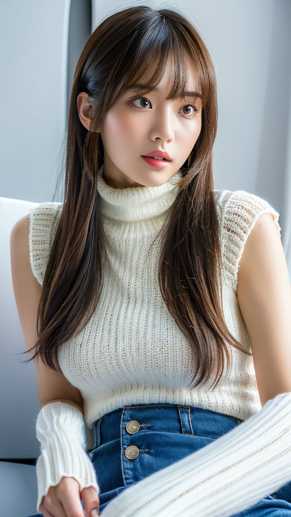 (( plane note)),(detailed face),((crotch)),normal breasts,pretty,sleeveless and turtle neck white Knitted clothes,4k ,super high resolution ,(photo-realistic: 1.7),white background, long hair,bangs,