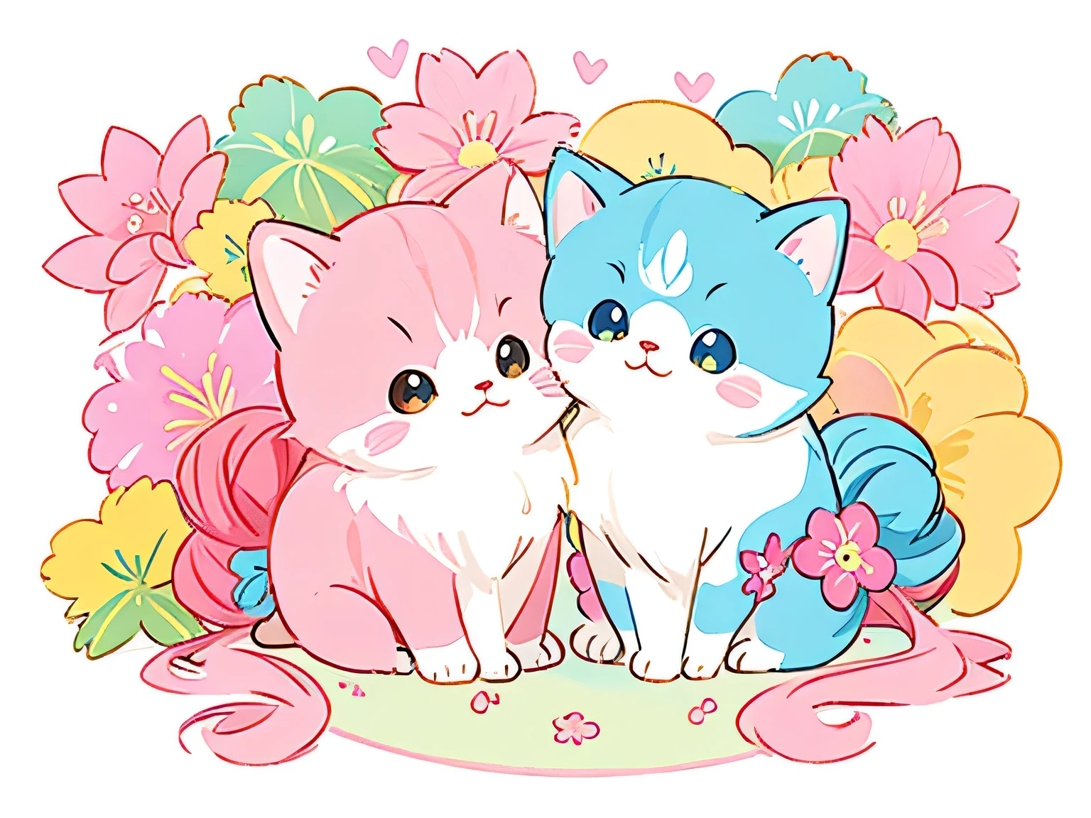 Sakura Momoko Style, Colorful illustration with lots of cute Persian kittens, central, Vibrant colors, High Detail,Colorful Hearts