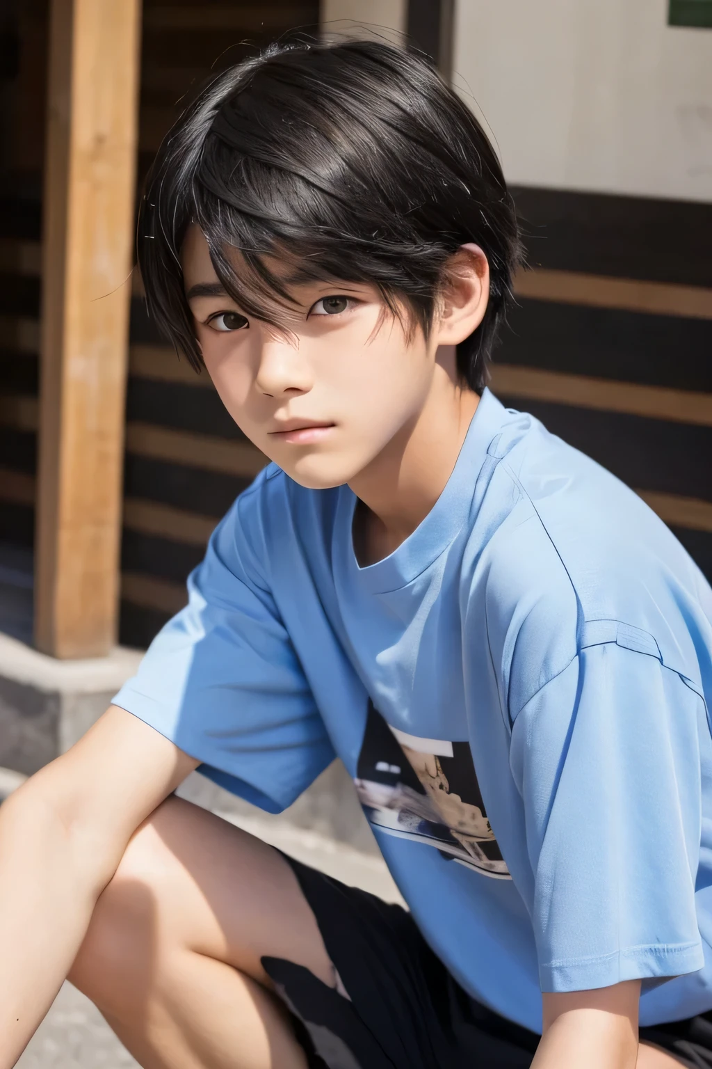 A boy around 14 years old with black hair and black eyes。A beautiful boy whose face still retains a youthful look。Clothing: Short sleeves and shorts。Japan human face。The background is the inside of the men&#39;s restroom in a public restroom in a park.。There are three urinals inside。All three urinals were in use by other people.、The boy is holding his crotch with his hands over his trousers while trying to hold in his pee.
