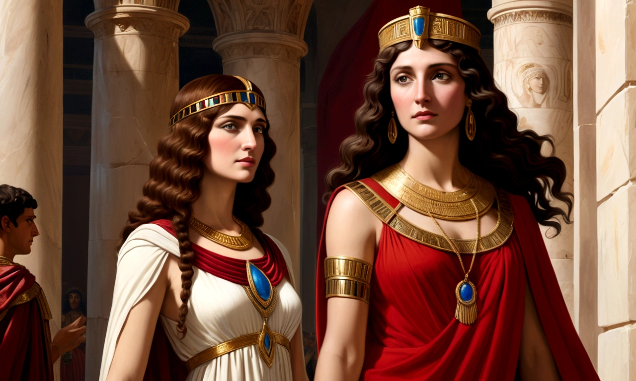 Renaissance painting of calpurdia with her wavy brown hair, and Julius Caesar the emperor of Rome, side by side, wearing his red cape, Cleopatra exudes beauty with her iconic clothes and jewelry.