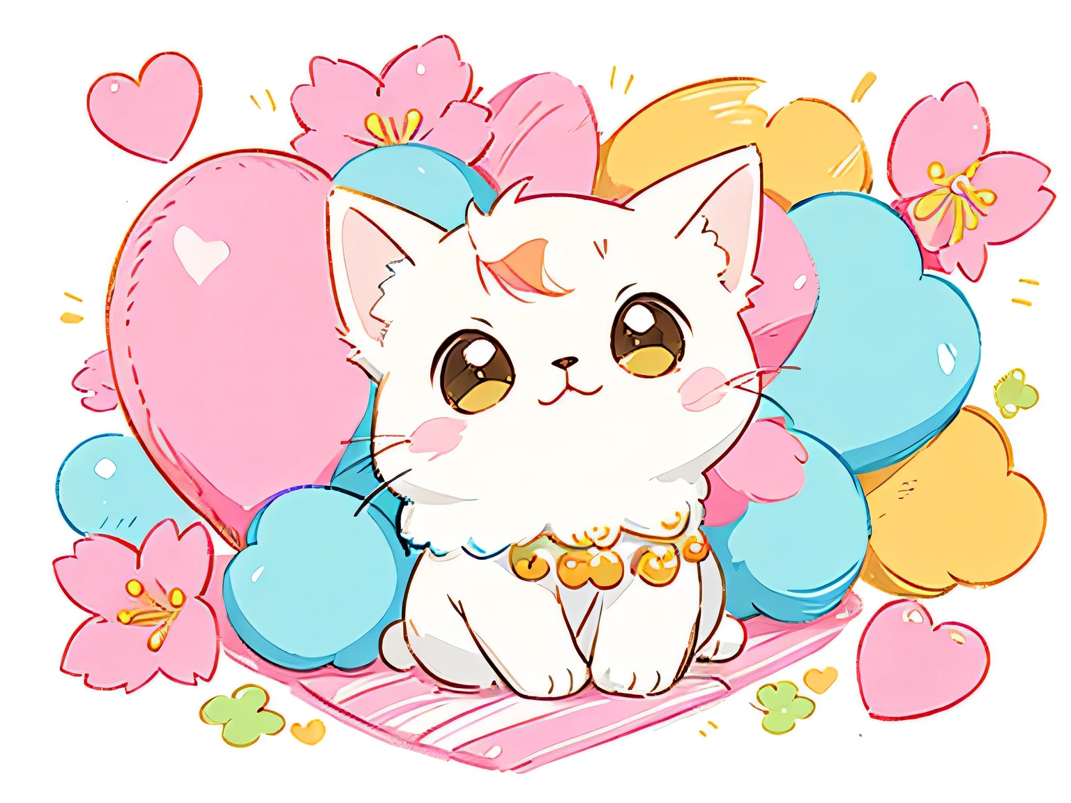 Sakura Momoko Style, Colorful illustration with lots of cute Persian kittens, central, Vibrant colors, High Detail,Colorful Hearts