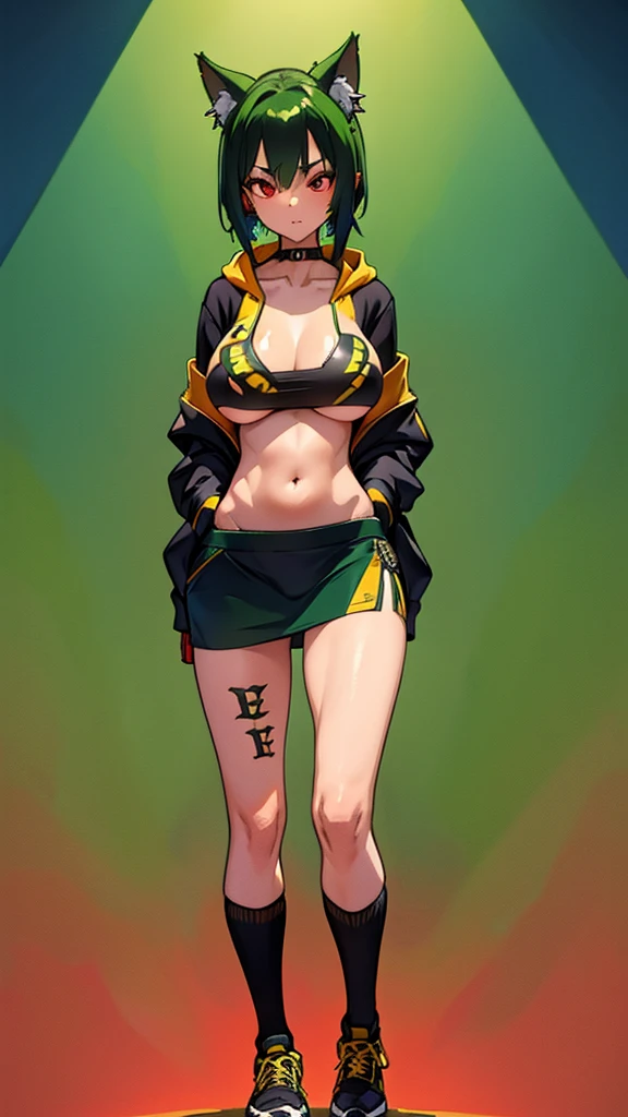   , Croped, , cleavage, slim waist, cropped hoodie underboob, cropped hoodieunderboobhoodie, 1girl, 2 wolf ears, wolf tail, ????????? crop hoodie, crop shorts, ????????? hoodie, spiky hair, spiky fur, green hair, red eyes,????????? field, tight clothes, perfect eyes, perfect hands, clear resolution, full body, cleavage skin, ????????? plants, open hoodie, ????????? scenery, black thigh high socks, full body, earrings, 1girl, skirt,  cleavage, slim waist, cleavage, slim waist, hair pulled back, 