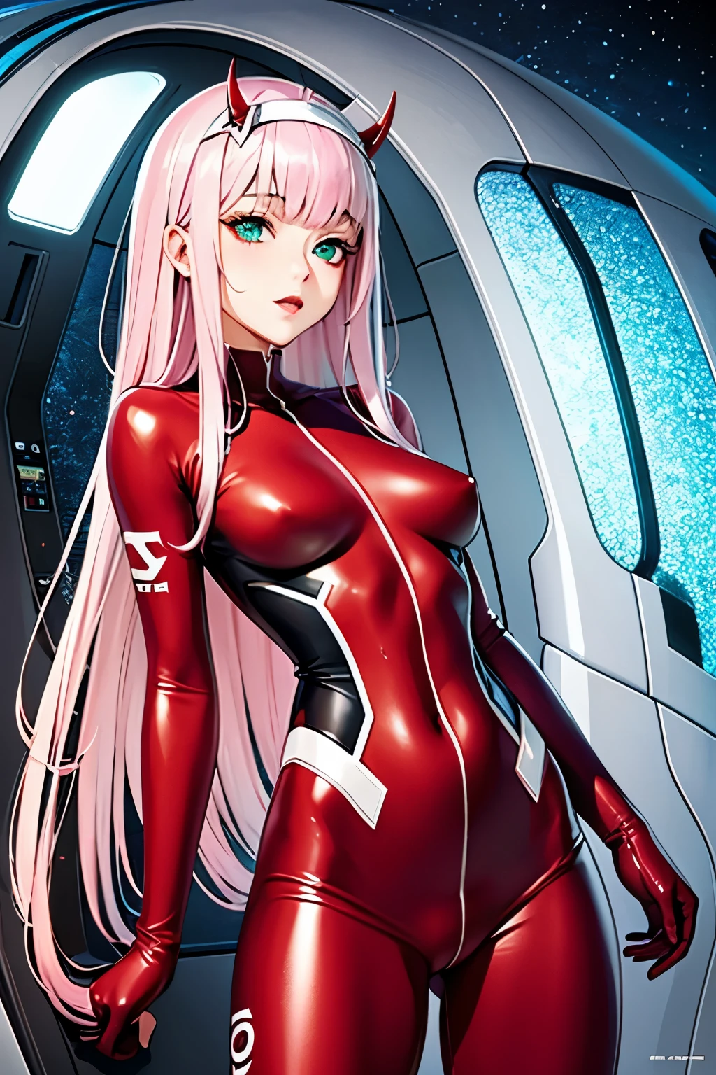 Masterpiece, top quality, best quality, official art, beautiful and aesthetic, anime, 1girl, Zero Two, extremely detailed, colorful, more detailed ((ultra-detailed)), (highly detailed CG illustration),horny,detailed face,pink hair, big green eyes, red body suit, in middle,skinny fit, small breasts,cleavege,spaceship,wet