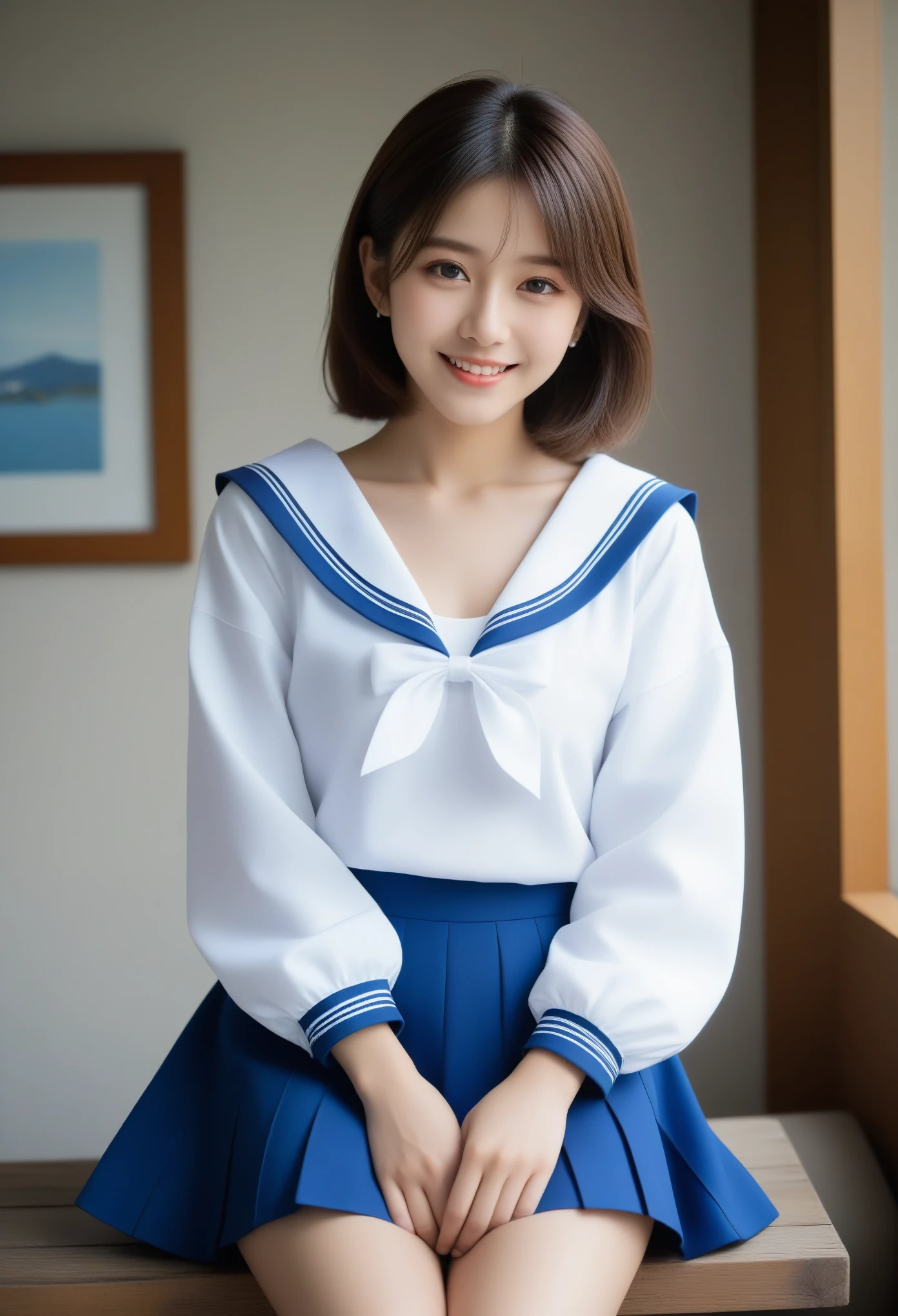 8K, Ultra-high resolution, Highest quality, masterpiece, 三分割法によるphotograph,Surreal, photograph, 1 girl, (:1.3), pretty girl, Cute face, Beautiful eyes in every detail, 細かくdetailedに,masterpiece,, One Girl:1.2, Japan Female Announcer,whole body,((detailedな布の質感, Cute long-sleeved blue sailor suit, Blue pleated skirt, White sailor collar)), (Beautiful views), Daytime, (School), Are standing, (Cute smile, Open your mouth), ,A carefree smile,Healing the heart,short hair,Looking at the audience、beauty,Long neck、Laugh a little、Please close your mouth and laugh、(((Ideal body type))),A-cup small breasts :2,、Portraiture:2、Perfect Anatomy、鮮明なdetailed、detailed、Surreal、Light and shadow,Strong light