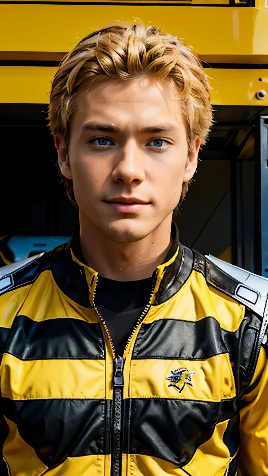 Transformers, Bumblebee, Bumblebee in human Form, blonde boy, handsome, outfit black and yellow, blue eyes, handsome guy, Bumblebee in human form, perfect high quality