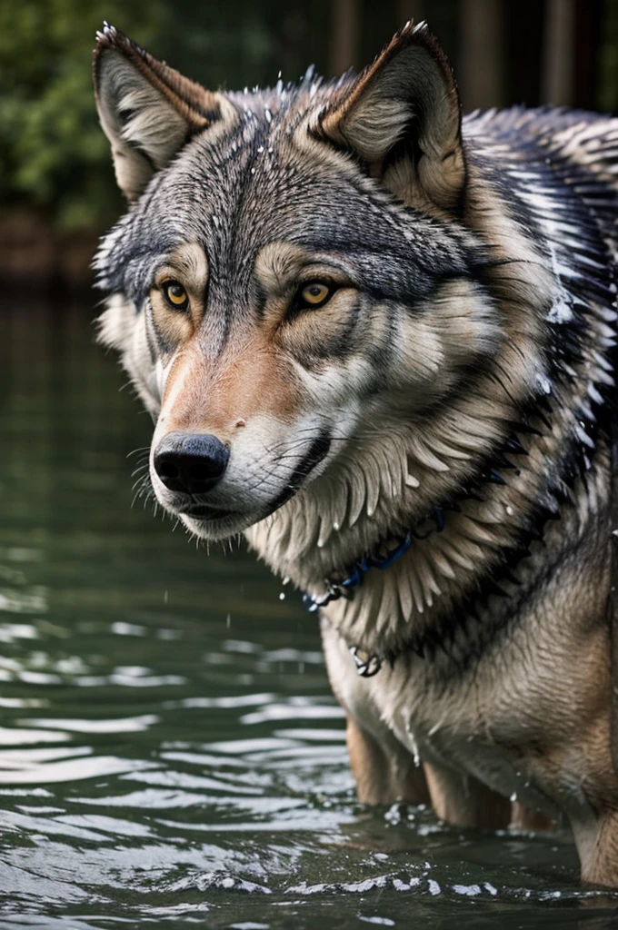 ((best quality)), ((masterpiece)), (detailed), perfect face a wolf with swim trunks getting wet in the rain