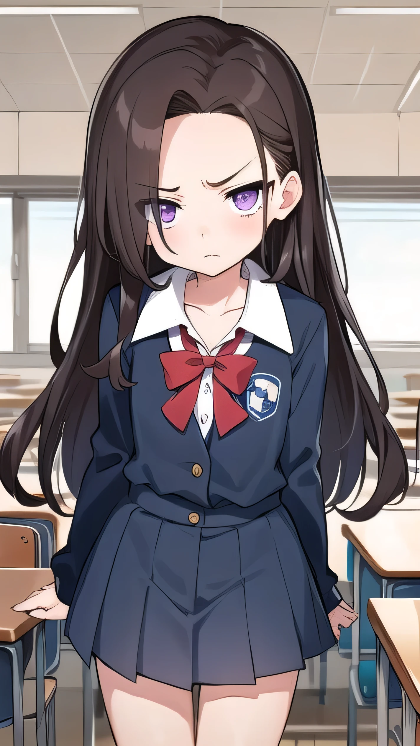 Brown hair, long hair, purple eyes, very short bangs, wide forehead, classroom, middle school student,  middle school student, flat chest , short, narrow eyes, hanging eyes, forehead, straight hair,  anger，, 