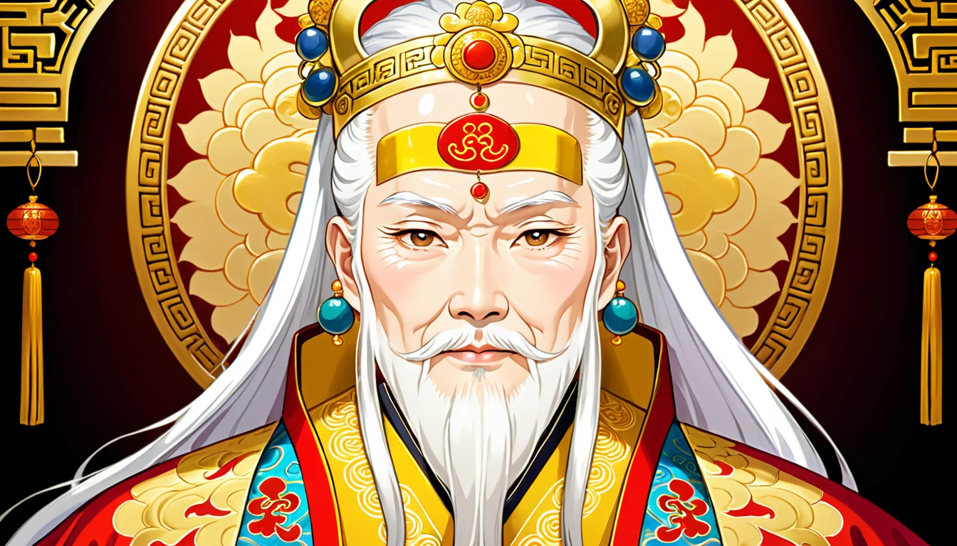 a majestic elderly chinese man with a large square face, dignified yet benevolent expression, long silver white hair neatly combed, wearing a golden crown, thick eyebrows, long white beard, symbolizing wisdom and nobility, pale skin radiating a divine glow, dressed in a luxurious golden robe embroidered with dragon patterns, embodying supreme authority