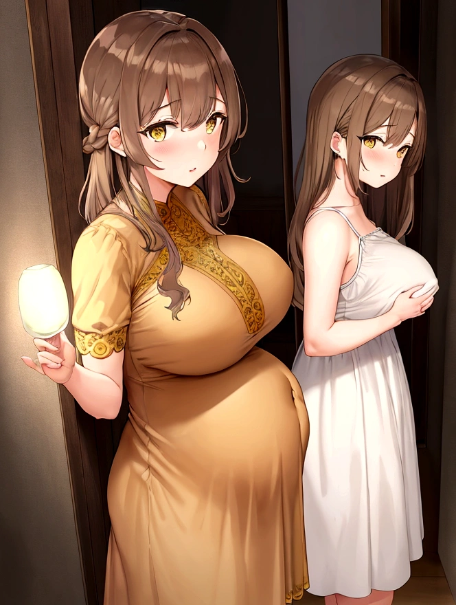 Adult woman with light brown hair and yellow eyes, Big chest, short dress, pregnant