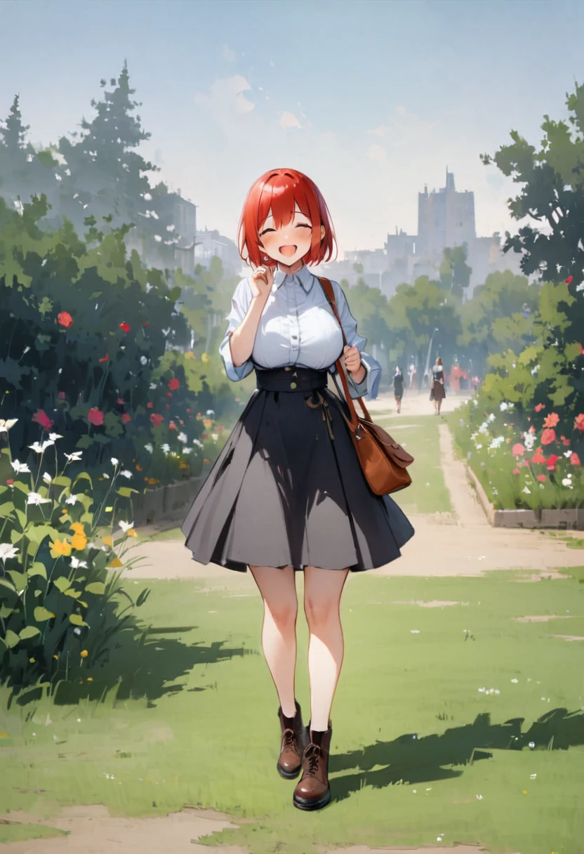 Shoulder bag、Big Breasts、knit、Open both eyes、Laugh innocently、at the park、squirt、Passersby、Square、Plants