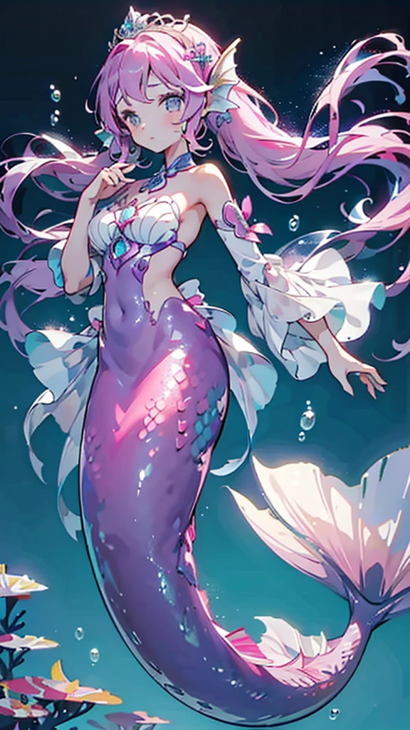 Mermaid，Mermaid，Mermaid女孩，Mermaid尾巴，Bodysuit style，Scale style，Underwater background，Underwater background，Seabed background，Coral shells background，Background in sea water，Pink and purple的鳞片，Pink hue，fin，身上长着fin，Girl with fish tail，Pink and purple，Powder blue scales，cute，cute，cute，crown