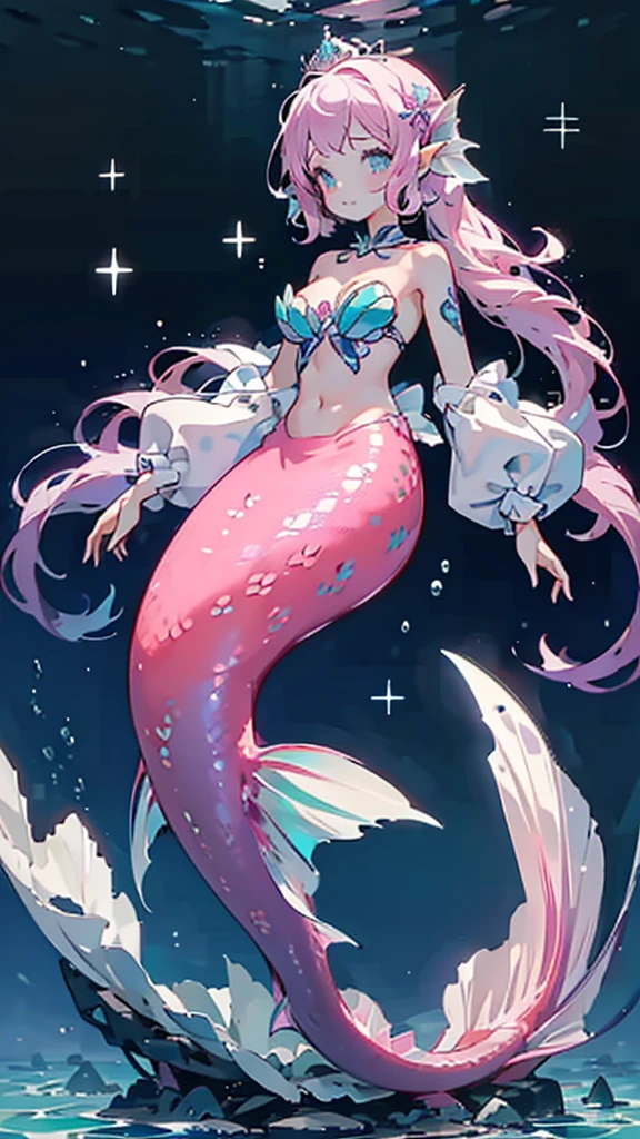 Mermaid，Mermaid，Mermaid女孩，Mermaid尾巴，Bodysuit style，Scale style，Underwater background，Underwater background，Seabed background，Coral shells background，Background in sea water，Pink and purple的鳞片，Pink hue，fin，身上长着fin，Girl with fish tail，Pink and purple，Powder blue scales，cute，cute，cute，crown