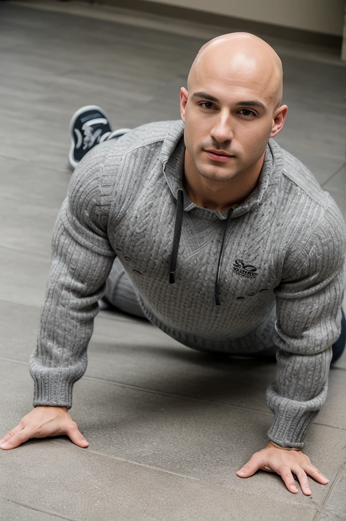 ((8k ((best quality)), ((masterpiece)), (very detailed), real face bald male muscular male full body wear grey pullover doing push ups on floor