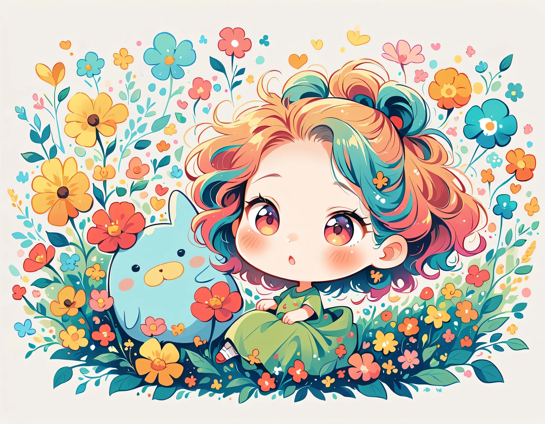 Watase Seizo style、The most beautiful girl of all time、Lips in Love、Colorful flowers、Simple line initials、Abstract art、(((chibi))), Colorful and cute alien, Totoro Forest