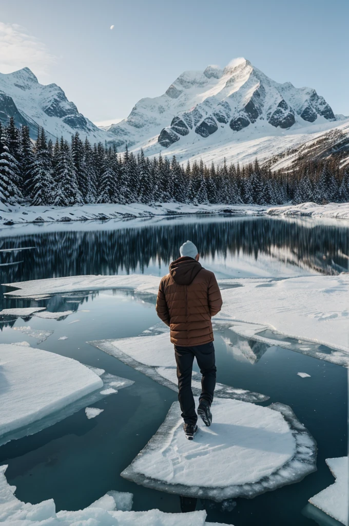 A men in ice lake walk-in on cracked ice