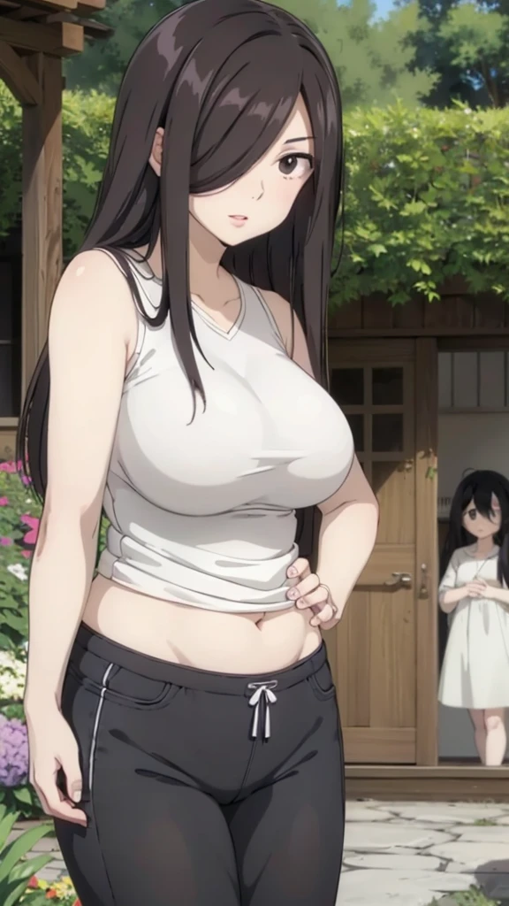 Cute mommy with 4 daughtes, mature women,realistic skin,perfect ,black hair, long hair, (hair over one eye:1.4), messy hair, hair between eyes, chubby,plump,fat, Sexy lips, pucker lips,cute shy blush on,on the garden