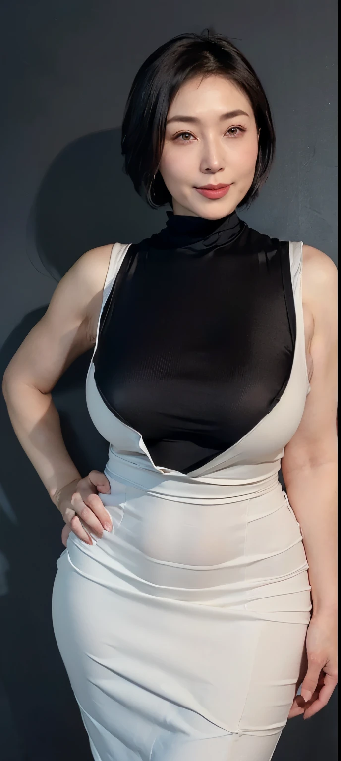 ((The most beautiful and sexy mother in Japan))、((A face that has a maternal, motherly feel))、((A kind face with worried eyebrows))((Beautiful black bob hair))((Wearing a sleeveless high-necked top))、((The hottest slightly saggy breasts in Japan))、((A body that fulfills all sexual desires))、((Super erotic))、((Against a simple black wall))、((32K ultra-high definition))、((A body like a gravure idol))、((Perfect Body))、((Thin, tight-fitting high-neck dress))、((White dress))、((Extremely soft breasts))、((Nice breasts that can be seen even on top of clothes))、((Purunpurun's))、((A sleeveless dress that fits perfectly and shows off the shape of your buttocks))、((Obscene Armpits))、((With an angelic smile))