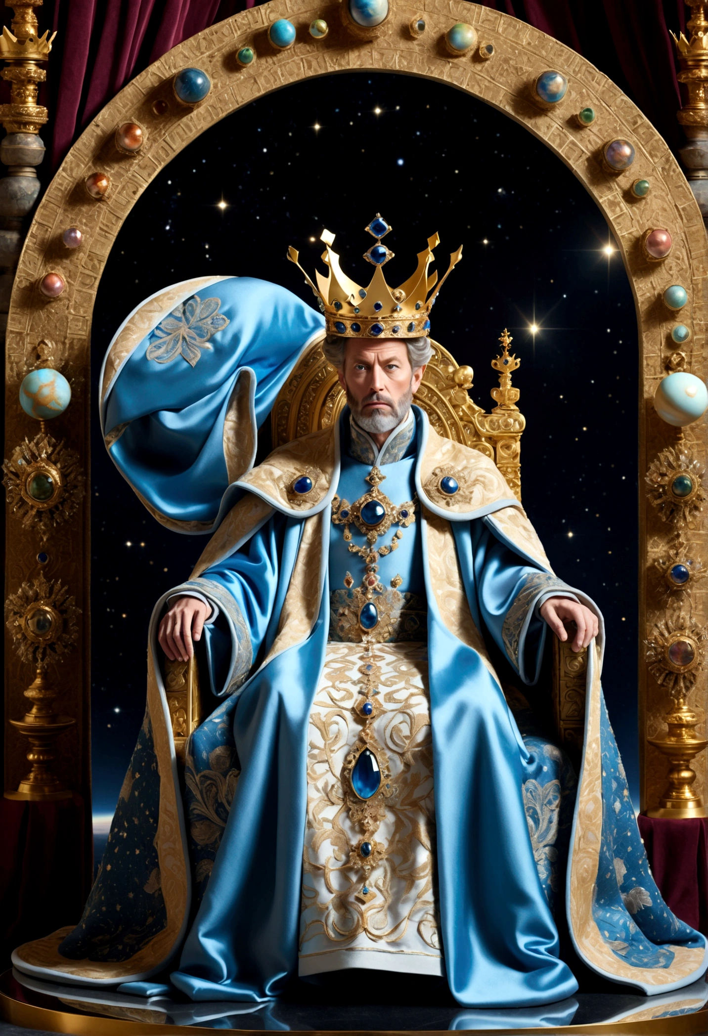 A royal figure in a lavish robe, adorned with a large crown, is seated on a throne, The setting is otherworldly and surreal, located in the vast expanse of space, The figure is perched on a miniature planet that's enveloped entirely by the rich fabric of the robe, reflecting an element of royal extravagance