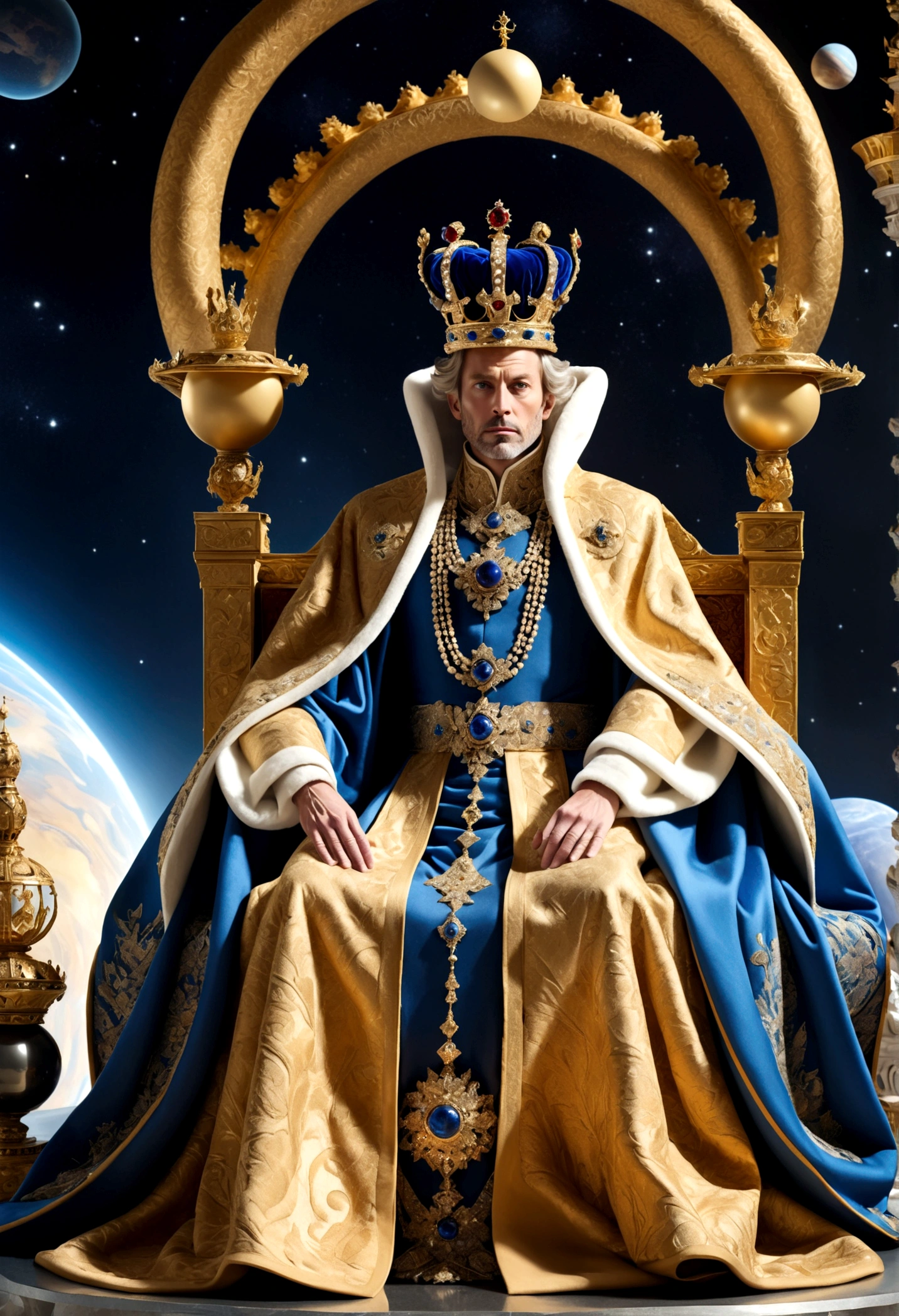 A royal figure in a lavish robe, adorned with a large crown, is seated on a throne, The setting is otherworldly and surreal, located in the vast expanse of space, The figure is perched on a miniature planet that's enveloped entirely by the rich fabric of the robe, reflecting an element of royal extravagance