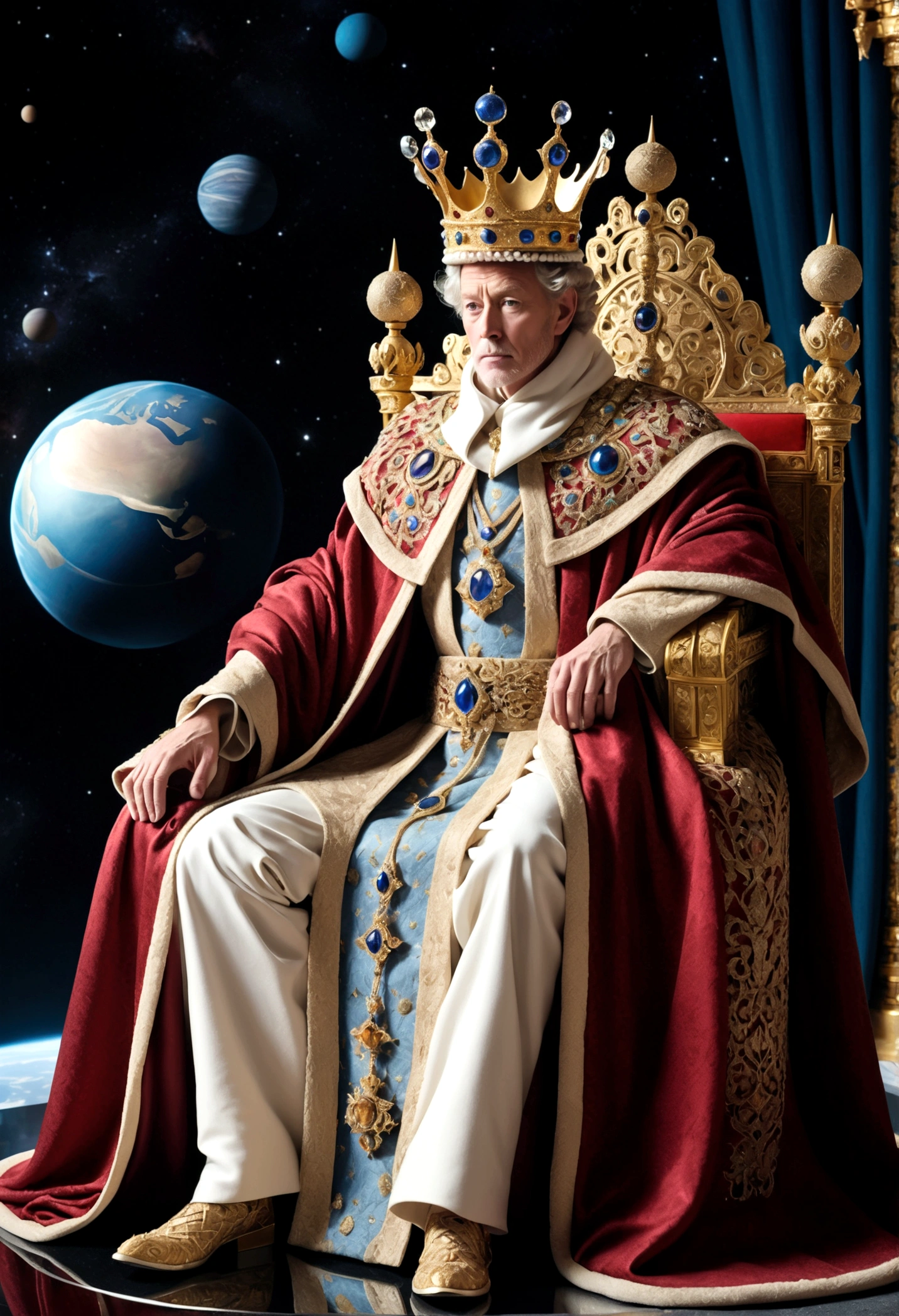 A royal figure in a lavish robe, adorned with a large crown, is seated on a throne, The setting is otherworldly and surreal, located in the vast expanse of space, The figure is perched on a miniature planet that's enveloped entirely by the rich fabric of the robe, reflecting an element of royal extravagance