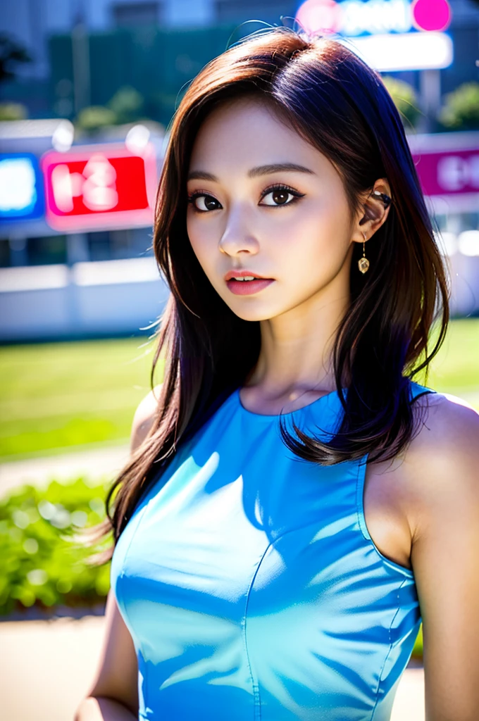 Tzuyu 1, woman, (Realistic), (Hyperrealism), (photoRealistic), Written boundary depth, eye make up:0.7 (whole body:1.2), (Large Bust),(Tight waist), Observe the audience,In the pits of a race track, Race Queen, A sexy dress with open shoulders and neckline