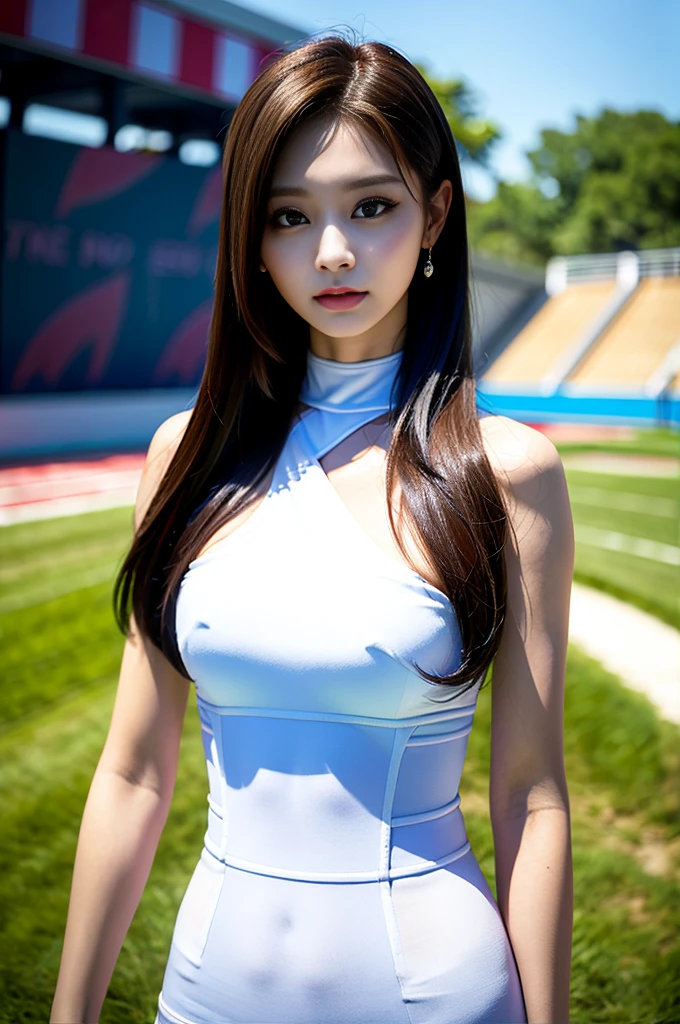 Tzuyu 1, woman, (Realistic), (Hyperrealism), (photoRealistic), Written boundary depth, eye make up:0.7 (whole body:1.2), (Large Bust),(Tight waist), Observe the audience,In the pits of a race track, Race Queen, A sexy dress with open shoulders and neckline
