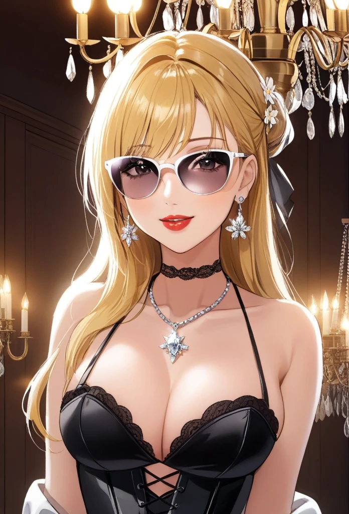 Hot sexy beautiful milf mom ,slender body, detailed lips rings ,blonde hair,black eyes,white sun glasses on head, detailed , big hoops earrings , alluring face, smiling, necklace , red lipstick ,corset, chandelier necklace, chandelier jewellery,long diamond tassel earrings, backless, garter belt,flower hair band,