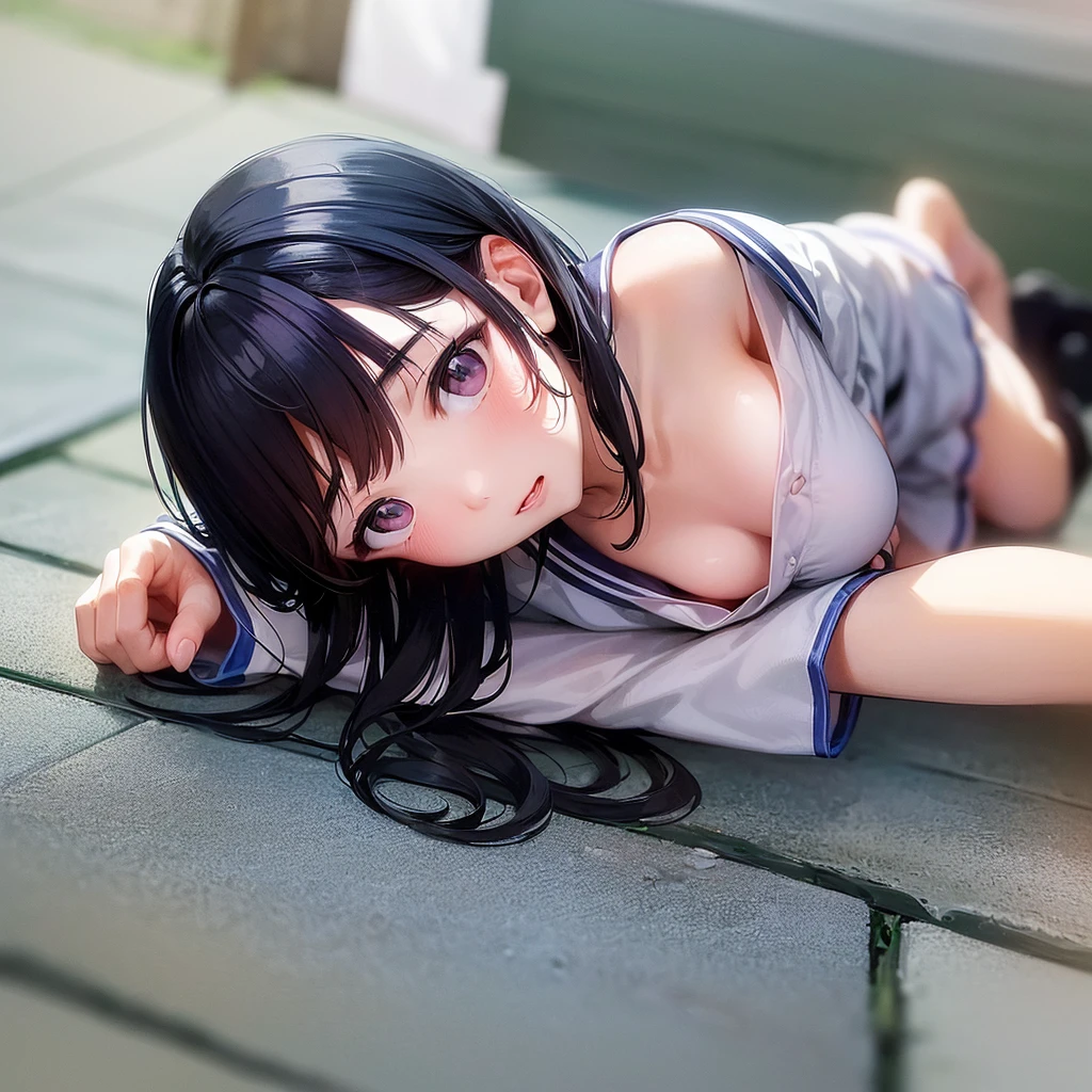 ((8K)),((Japanese)),(:1.6),(Innocent face:1.5),(Highly detailed face),girl,cute,Idol Face,Sailor suit、Summer clothes、Nipples、Small breasts、Black Hair,Baby Face、beyour legs、bright、Lying on your back、Pussy