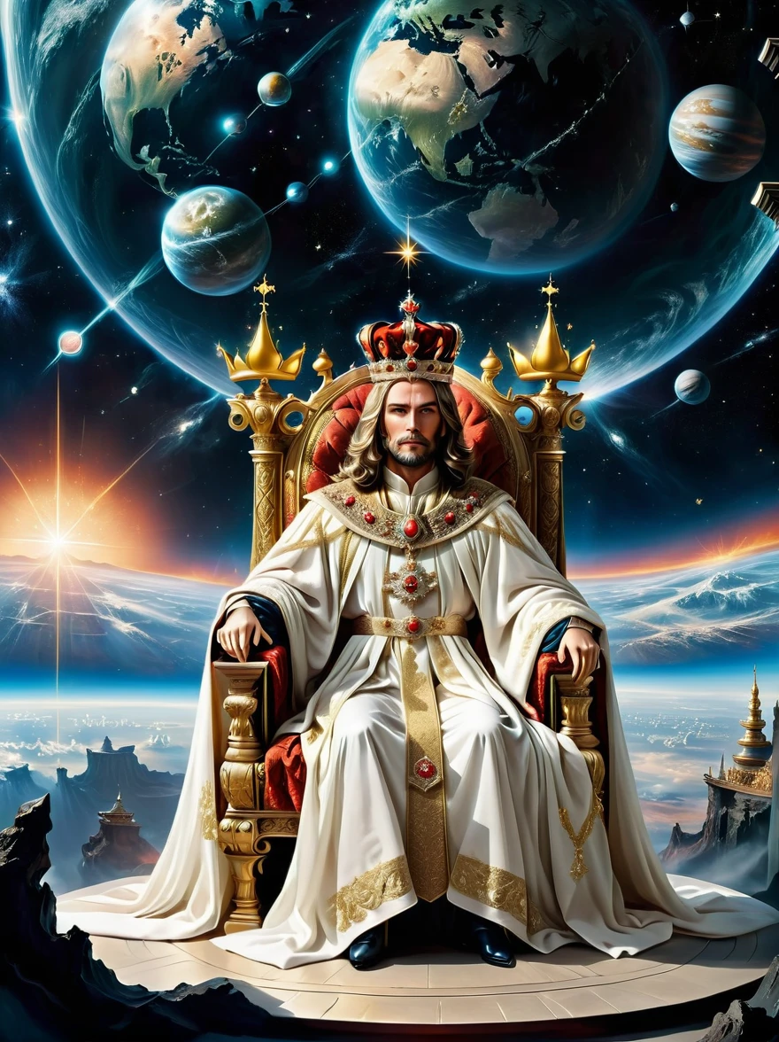 A royal figure in a lavish robe, adorned with a large crown, is seated on a throne, The setting is otherworldly and surreal, located in the vast expanse of space, The figure is perched on a miniature planet that's enveloped entirely by the rich fabric of the robe, reflecting an element of royal extravagance