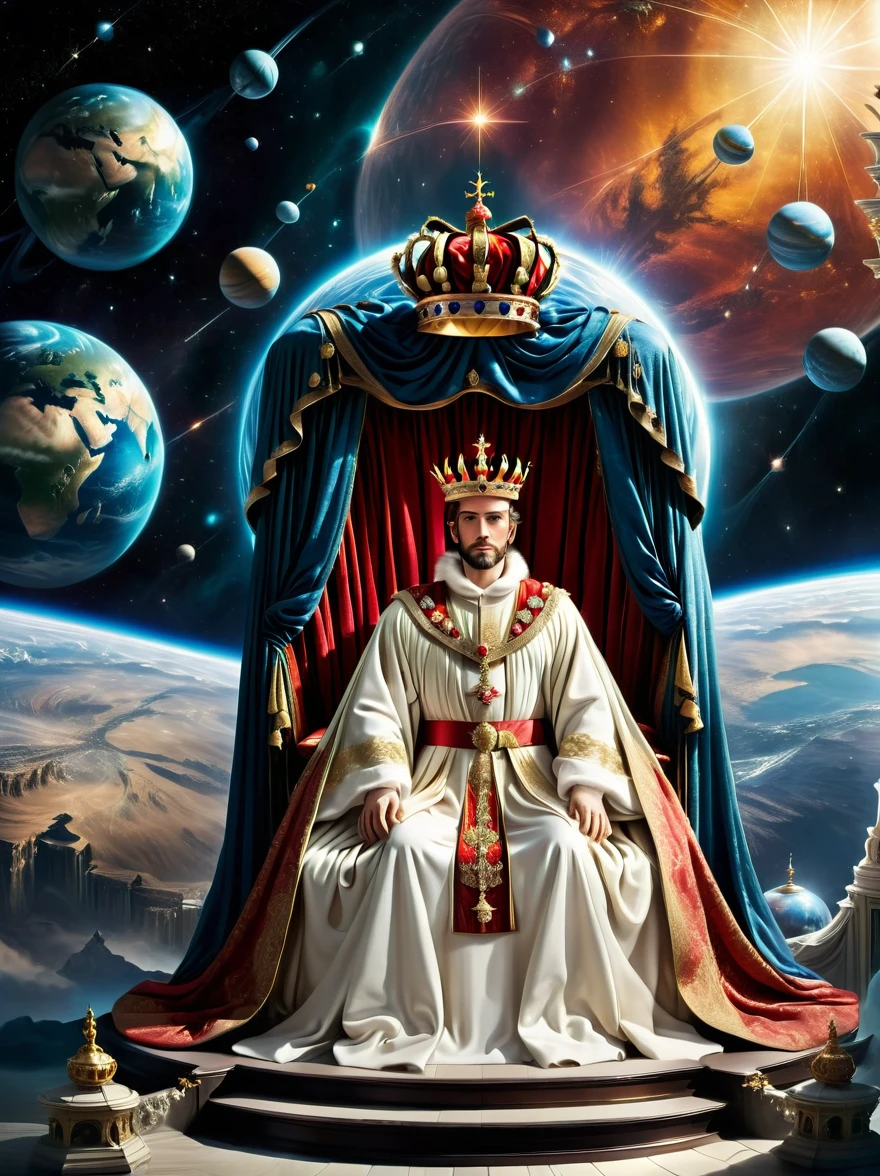 A royal figure in a lavish robe, adorned with a large crown, is seated on a throne, The setting is otherworldly and surreal, located in the vast expanse of space, The figure is perched on a miniature planet that's enveloped entirely by the rich fabric of the robe, reflecting an element of royal extravagance
