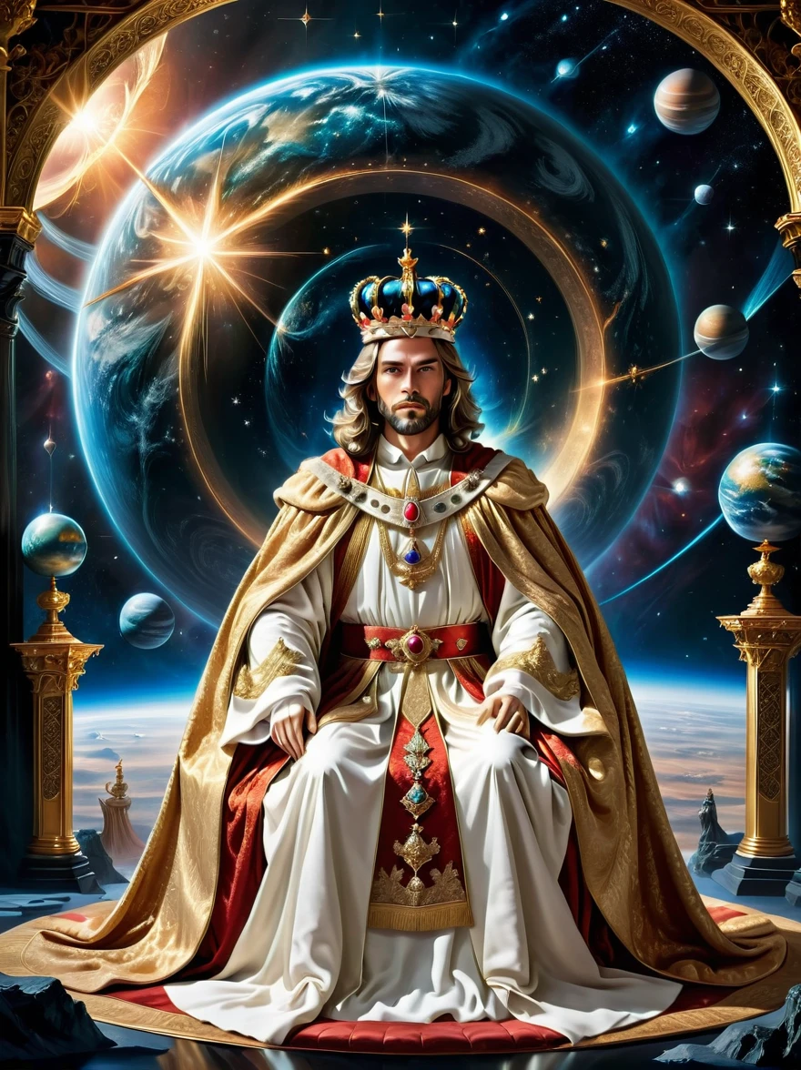 A royal figure in a lavish robe, adorned with a large crown, is seated on a throne, The setting is otherworldly and surreal, located in the vast expanse of space, The figure is perched on a miniature planet that's enveloped entirely by the rich fabric of the robe, reflecting an element of royal extravagance