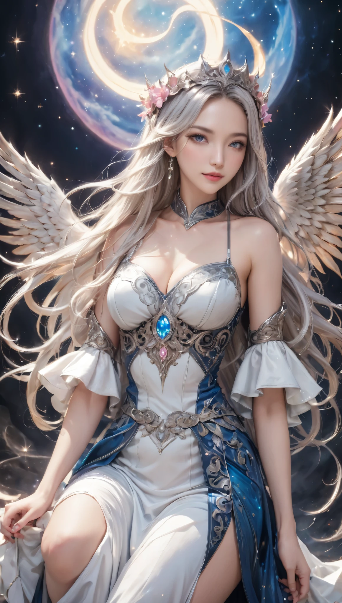 8K resolution, masterpiece, Highest quality, Award-winning works, unrealistic, From above, erotic, sole sexy lady, healthy shaped body, 22 years old, black mage, 165cm tall, huge firm bouncing busts,, white silver long wavy hair, Detailed facial depictions, Break, Mysterious blue eyes, Standard nose, Eyeliner, pink lips, sexy long legs, Clear skin, holy knight, Gothic ruffle long dress, A dress with a complex structure, Seven-colored colorful dress, Clothed in flames, Phoenixの紋章, elegant, Very detailed, Delicate depiction of hair, miniature painting, Digital Painting, artステーション, コンセプトart, Smooth, Sharp focus, shape, artジャム、Greg Rutkowski、Alphonse Mucha、William Adolphe Bouguereau、art：Stephanie Law , Royal Jewel, nature, Symmetric, Greg Rutkowski, Charlie Bowwater, Unreal, Surreal, Dynamic Lighting, ファンタジーart, Complex colors, Colorful magic circle, flash, dynamic sexy poses, A kind smile, Mysterious Background, Aura, A gentle gaze, BREAK, Small faint lights and flying fireflies, night, lanthanum, 山の頂From above下界を見下ろす, Starry Sky, milky way, nebula, shooting star, God in the right hand々A sacred staff that emits a brilliant light, Back view, Looking back towards the camera, Phoenix