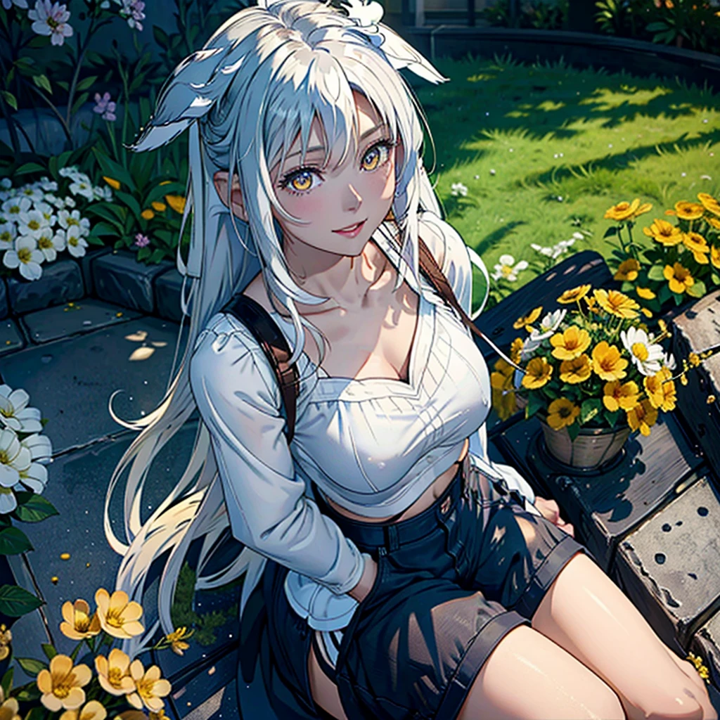 Girl with dog ears and tail, erect ears, honey yellow eyes, Highly detailed eyes, long hair and((((( White))))) with a small braid on the sides, denim shorts, translucent blouse, whole body, looking up, open mouth smile, big chest, beautiful body, detailed face y con amplia gama de gestos, sitting on a bench around a garden with flowers of various colors, detailed background, detailed face, Play of light and shadows, cinematographic, high quality, 8k, Masterpiece,