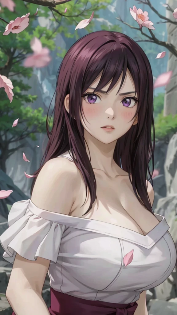 masterpiece, absurdres, hinata\(boruto\), 1girl, solo,mature female, off shoulder floral dress, looking at viewer, (falling petals), perfect composition, detailed lips, big breast, beautiful face, body propotion, blush, (pink lips), long hair, purple eyes, soft gaze, super realistic, detailed, photoshoot, realistic face and body, sexual expression, seductive expression,((big tits))