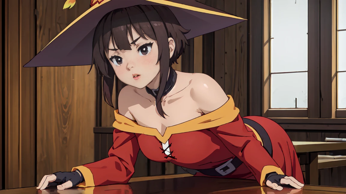 Artgerm, table, Best quality, extremely detailed, table, Best quality, Megumin, 1 girl in, bare shoulders, nude, Sex pose, elastic , beautiful buttocks, стоит опершись о table, nude, very sexy, Black e.g, black gloves, black hair, e.g, necklace, clavicle, dress, hair between eyes, It has, long sleeves, I look at the viewer, Medium hair, off shoulder dress, off the shoulders, Red dress, Red eyes, side locks, One, witch hat, in room