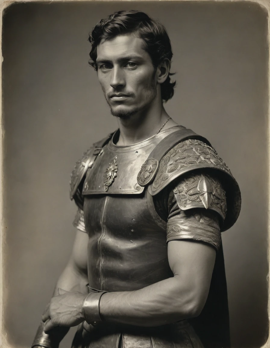 by Moebius, by Théodore Géricault, ((((Rough monochrome, daguerreotype on old paper)))), half body of a young male Roman soldier, muscular, confident, brunette, bronze skin, rascal, arrogant, (((tattoos on arms, neck))), wearing silken Roman uniform, armor lorica with samurai elements, diamond shape symbology, moth symbology. Jungle background.