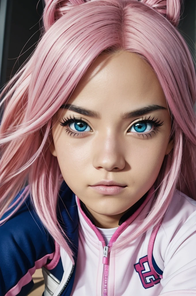 Capture of my hero academia who has white and pink hair, the right eye is brown and the left eye is pink and who has the ua uniform