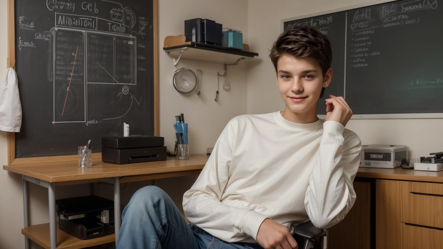 A beautiful young man, a cute male twink, with black hair, wearing a white long-sleeved shirt and jeans, and he is in his scientific medical office. He is sitting at a desk with medical tools on it, and behind him is a blackboard with a written neuron cell on it, and he looks proudly.