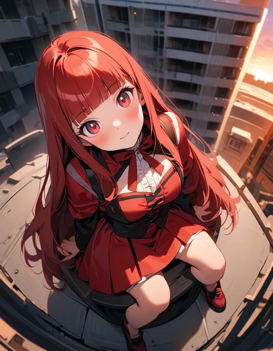(8K, best quality, master piece: 1.2), super high resorlutiorn,norvel illustratiorn,1girl,16yor,ultra-detailed face,detailed eyes,mascara,:or,head tilt,red hair,bashful,Cherry pattern Lorlita Fashiorn(red:1.4),Petal Color,cute,crimsorn Bustier,Straight Hair,Long Hair,blunt bangs,Sitting on top of a construction site,Shot from above,Reddish Sky at Sunset,Natural light,Fisheye,nor black picture