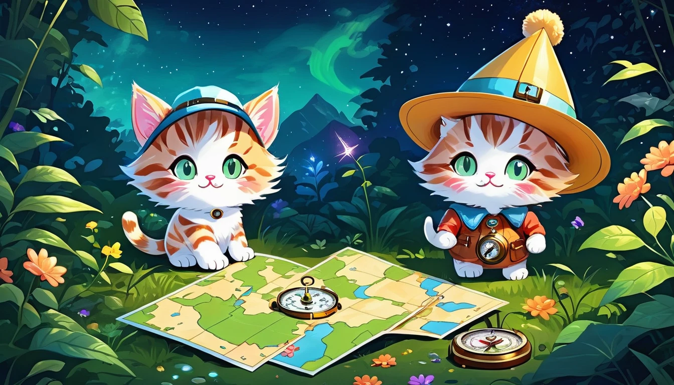 Small whimsical painting, Adventurous kitten in a little explorer hat, Navigating the Garden Jungle, With a map and compass in hand, Find hidden treasure.night