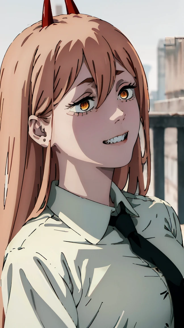 (Best quality), (masterpiece), (only), 1 girl, Maybe_XM, peach hair, yellow eyes, cross-shaped pupils, pupils in the form of symbols, red horns, white button up shirt, black tie, sharp teeth, smile, long hair, whole body