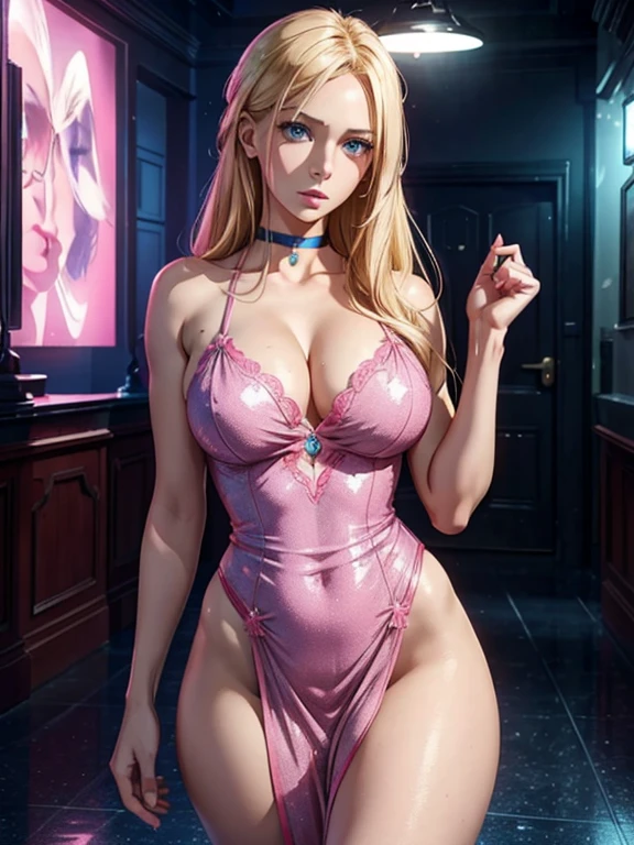 a beautiful blonde woman with blue eyes wearing a tight pink dress, hyper realistic, detailed facial features, detailed body, cinematic lighting, vibrant colors, 8k, photorealistic, high quality, masterpiece, elegant, alluring, sensual
