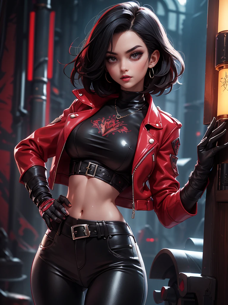 a beautiful 25 years old British female vampire mercenary with short black hair, pale skin, wearing red leather jacket and black tight pants, view from front, waist up shot, dynamic pose, tattoo, ambient lighting, photo realism, intricate face detail, intricate hand details, highly detailed, vibrant colors, cinematic, high definition,