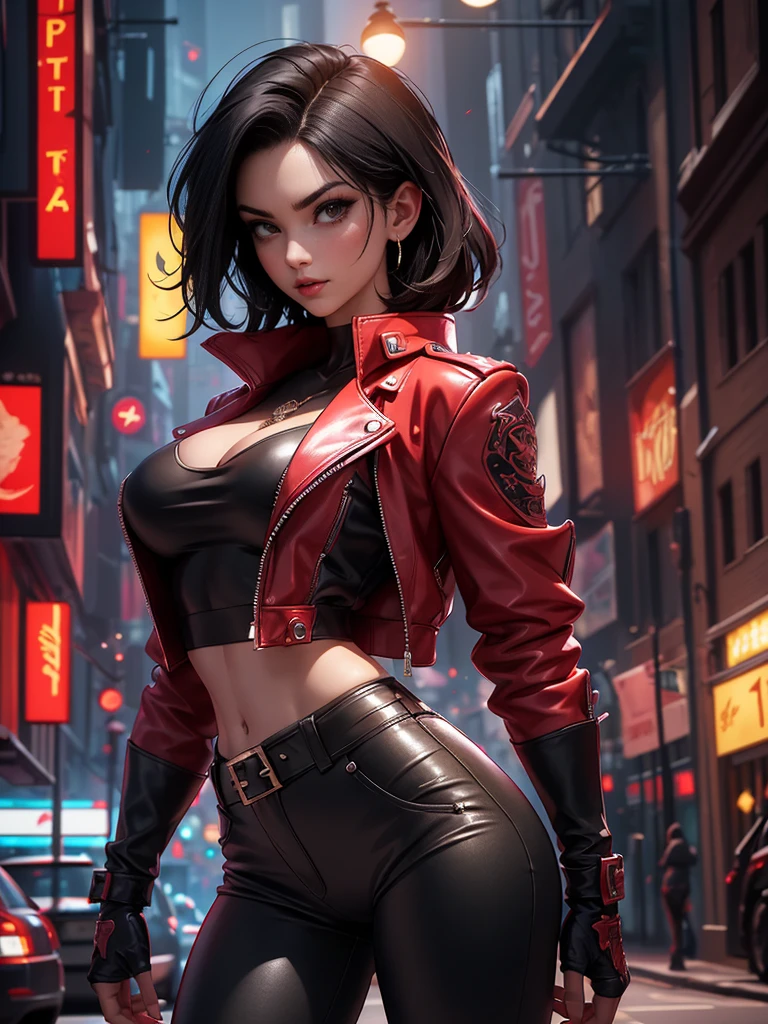 a beautiful 25 years old British female vampire mercenary with short black hair, pale skin, wearing red leather jacket and black tight pants, view from front, waist up shot, dynamic pose, tattoo, ambient lighting, photo realism, intricate face detail, intricate hand details, highly detailed, vibrant colors, cinematic, high definition,