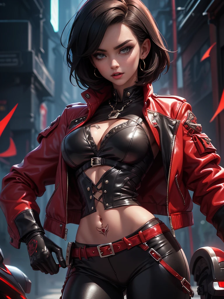 a beautiful 25 years old British female vampire mercenary with short black hair, pale skin, wearing red leather jacket and black tight pants, view from front, waist up shot, dynamic pose, tattoo, ambient lighting, photo realism, intricate face detail, intricate hand details, highly detailed, vibrant colors, cinematic, high definition,