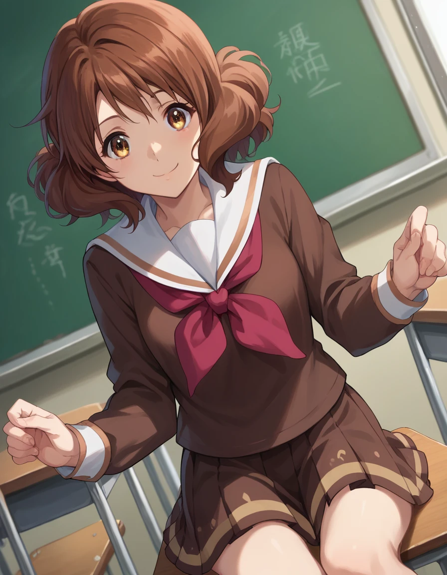 Highest quality, High resolution, masterpiece, (Beautiful Eyes), (Fine grain), Detailed face, kumiko oumae, Brown eyes, Brown Hair, short hair, Wavy Hair, smile,
skirt, shirt, Long sleeve, , pleated skirt, neckerchief, brown skirt, White sailor collar, brown shirt, Kitauji High , red neckerchief, indoor, classroom, Sitting, Chair, machine, View your viewers, Cowboy Shot, Dutch Angle, Dynamic pose,