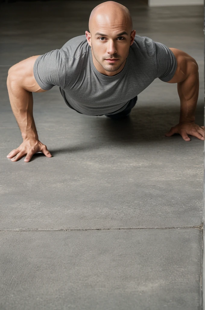((8k ((best quality)), ((masterpiece)), (very detailed), real face bald male muscular male full body wear grey shirt doing push ups on floor